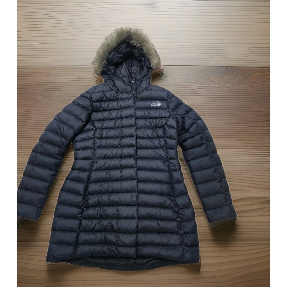 North Face Parka Womens Large Black Transverse 550 Down Hooded Faux Fur No Belt